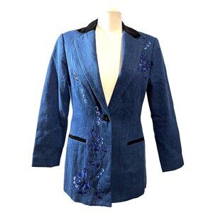 Coldwater Creek Vintage Velvet Embroidered Denim Blazer Sz 4 Petite Blue Black